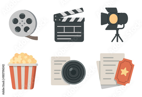 Film equipment icons: movie reel, clapperboard, light, popcorn, script, tickets