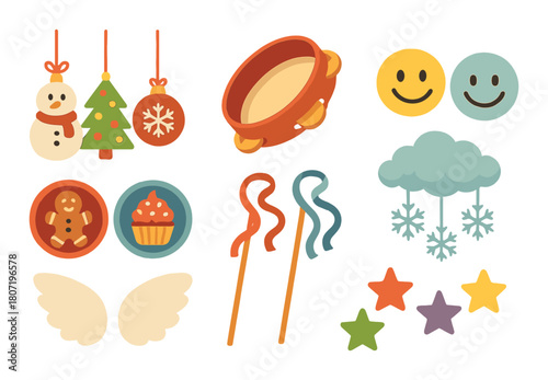 Colorful festive and playful christmas decorations with smiley faces and stars