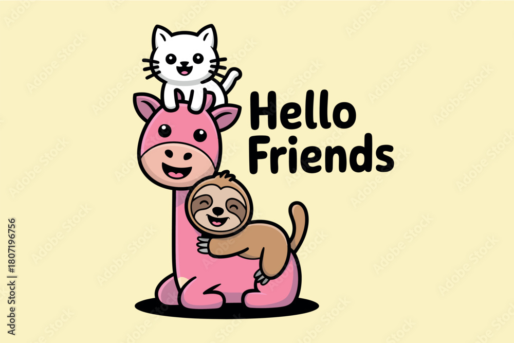 Obraz premium A happy group of cartoon animals, including a cat, giraffe, and sloth, are stacked together with the text 