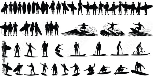 Black surfing and stand-up paddleboarding silhouettes, surfer, paddleboarder, waves, bicycle, summer, watersport, lifestyle, ocean beach activity, isolated white background vector illustration.