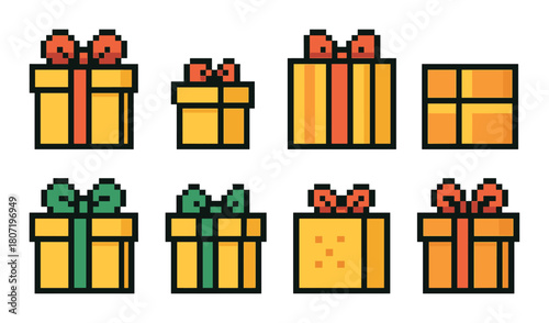 Pixel art yellow gift boxes with red and green ribbons on gradient background