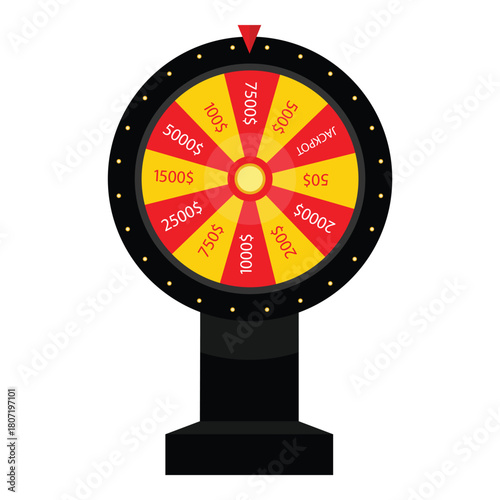 Wheel of fortune with pointer on $7500 win – casino jackpot spinning game icon