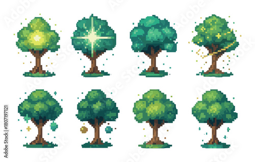 Pixel art enchanted trees collection with magical effects