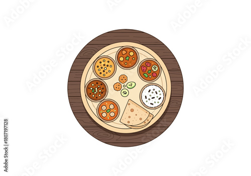 Illustration of Traditional Indian Thali with Rice, Curries, Flatbread, and Vegetables