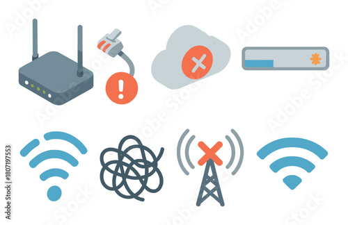Wifi connectivity issues and network troubleshooting icons and symbols