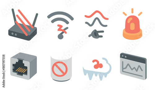 Digital connectivity issues: wi-fi, network error, power surge, and alert icons