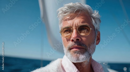 Close-up portrait of a middle-aged man with grey hair and a white beard. he is wearing a pink shirt and gold-framed sunglasses.