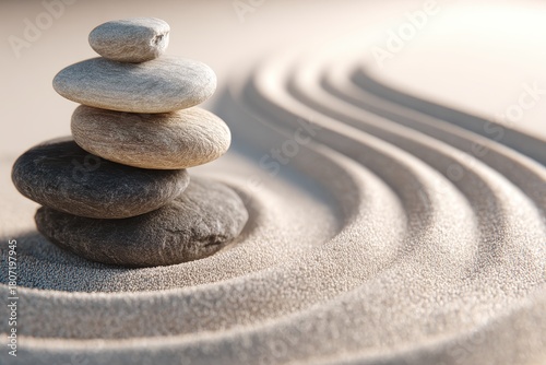 Zen Garden - Stacked Stones and Raked Sand Waves for Meditation.