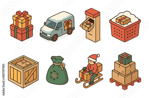 Festive christmas icons: gifts, deliveries, and santa's sleigh in isometric style