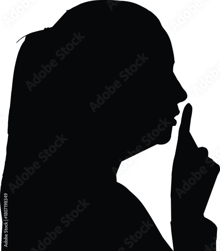 Black silhouette of woman profile, finger on lips, shh gesture for silence, secret, quiet concept, vector illustration on white background.