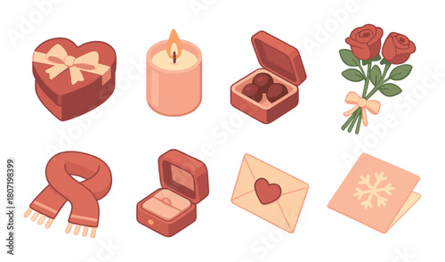 Romantic icons set with gifts, candle, chocolates, roses, scarf, ring, and cards