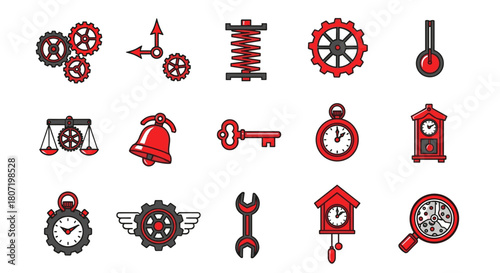 Intricate time mechanism icons, gears and springs for clock repair and steampunk design