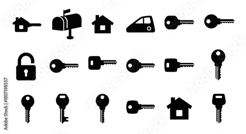 Real estate icons set showing keys, house, car, mailbox for property management needs