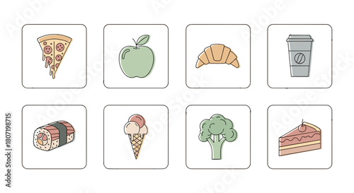Assorted food icons for menu or social media posts, includes pizza, coffee, and dessert