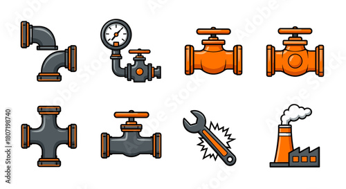 Plumbing pipes and tools, industry icons for engineering and construction projects