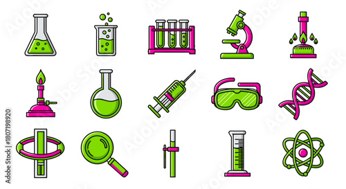 Vibrant science lab equipment icons for educational materials and research projects