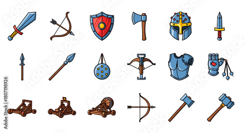 Fantasy medieval weapon equipment set for warriors, knights, and adventurers game assets