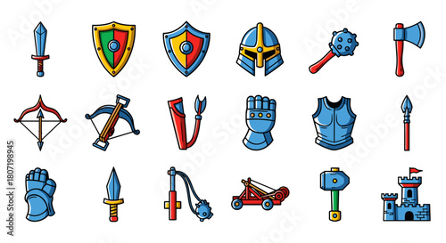 Medieval weapons and castle equipment vector set for game design and historical projects