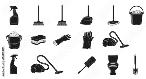 Cleaning tools collection for home hygiene, vector illustration for chores and sanitation