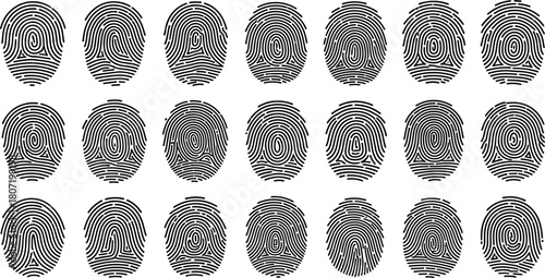 prin collection, biometric security identity, vector illustration set, unique thumbprint patterns, criminal investigation, black silhouette, digital verification access system