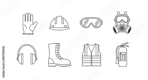 Essential safety equipment icons represent workplace protection and hazard prevention gear