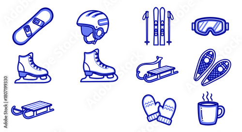 Winter sports equipment set for snowy fun, adventures and holiday season recreation