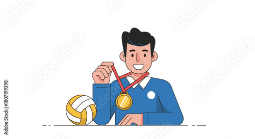 Volleyball player celebrating victory with gold medal, winning achievement, and sportsmanship