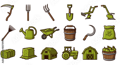 Charming farm tools and harvest equipment icons for agricultural business promotion