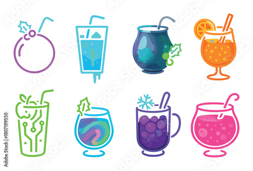 Neon glowing cocktail icons with colorful festive holiday drinks