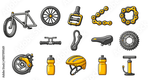 Cycling equipment icons for healthy lifestyle and sporty adventures, gear up for fun rides