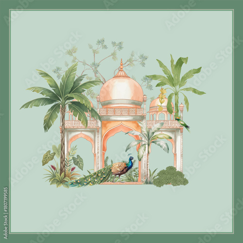 Traditional Mughal architecture frame for luxury wedding invitation design. Exotic Indian Mughal themed wedding invitation with palace dome and foliage.