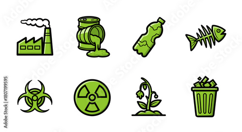 Pollution icons showing industrial waste, toxic symbols, plastic, and trash in green tone
