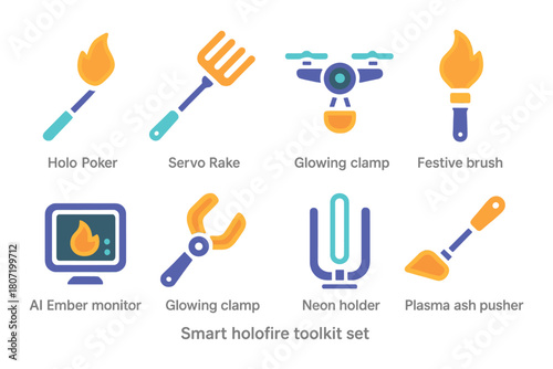 Smart holofire toolkit set with glowing icons of poker, rake, clamp, brush, monitor