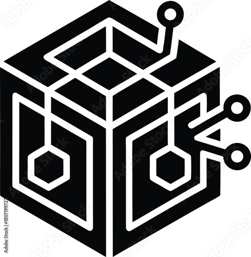 Blockchain technology icon with hexagonal network grid and connected points