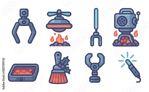 Futuristic robotic tools and cooking equipment icon set in neon lighting