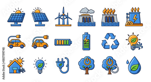 Renewable Energy and Sustainability Icons Set