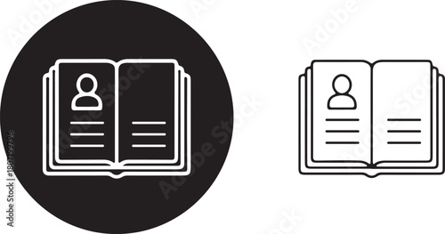 Open address book with user profile and text, representing contact lists, directories, personal data, and organizational records icon. vector art.