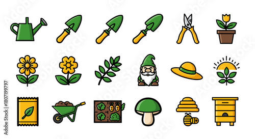 Gardening hobby tools and elements collection, cute icons for spring planting season