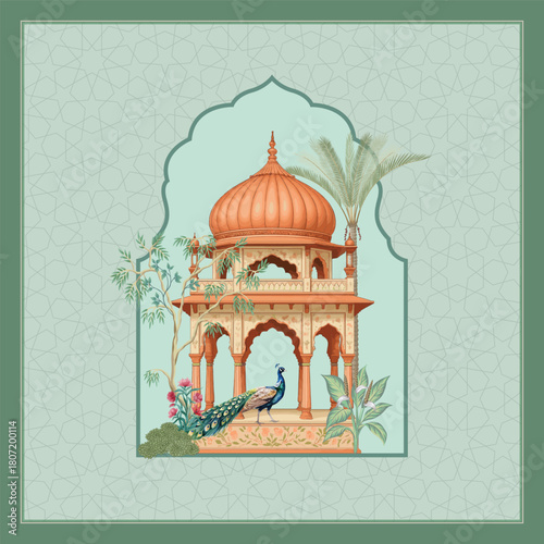 Traditional Mughal architecture frame for luxury wedding invitation design. Exotic Indian Mughal themed wedding invitation with palace dome and foliage.