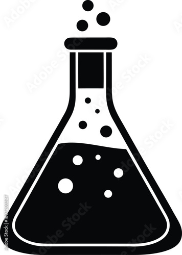 Laboratory flask with bubbling liquid on transparent background, chemical experiment