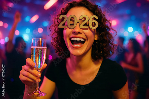 Close-Up Joyful Portrait - Woman in Vivid Red Celebrating 2026 New Year