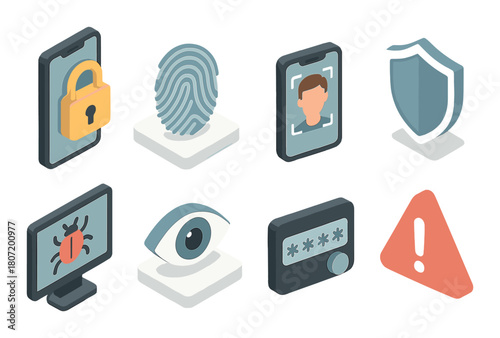 Cybersecurity icons: lock, fingerprint, facial recognition, shield, bug, eye, password, alert