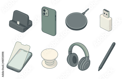 Collection of modern smartphone accessories including dock and headphones