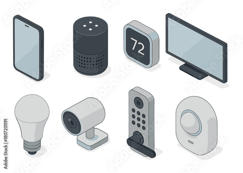 Smart home devices collection featuring phone, speaker, thermostat, tv, bulb, camera, door lock, sensor
