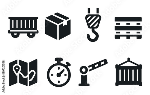 Warehouse icons: carton box, hook, stopwatch, pallet, crane, cargo, map
