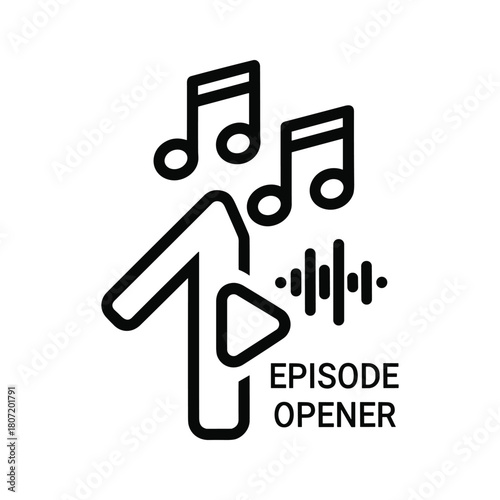Episode opener icon with play button, musical notes, and sound wave, isolated on