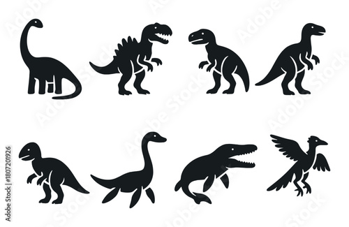 Silhouette collection of various dinosaur species on dark background