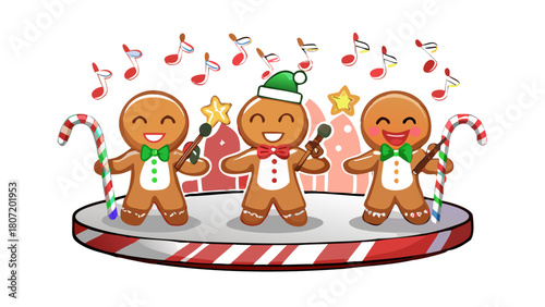 Gingerbread kids having a musical concert on a candy-cane stage .vector icon