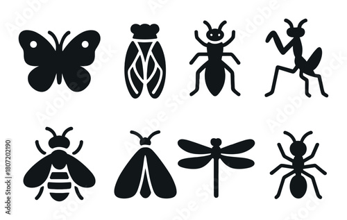 Silhouette icons of insects: butterfly, cicada, ant, praying mantis, bee, moth, dragonfly