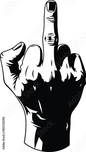 Hand showing middle finger, rude gesture, black and white illustration, offensive sign, obscene symbol, vector graphic, isolated design.